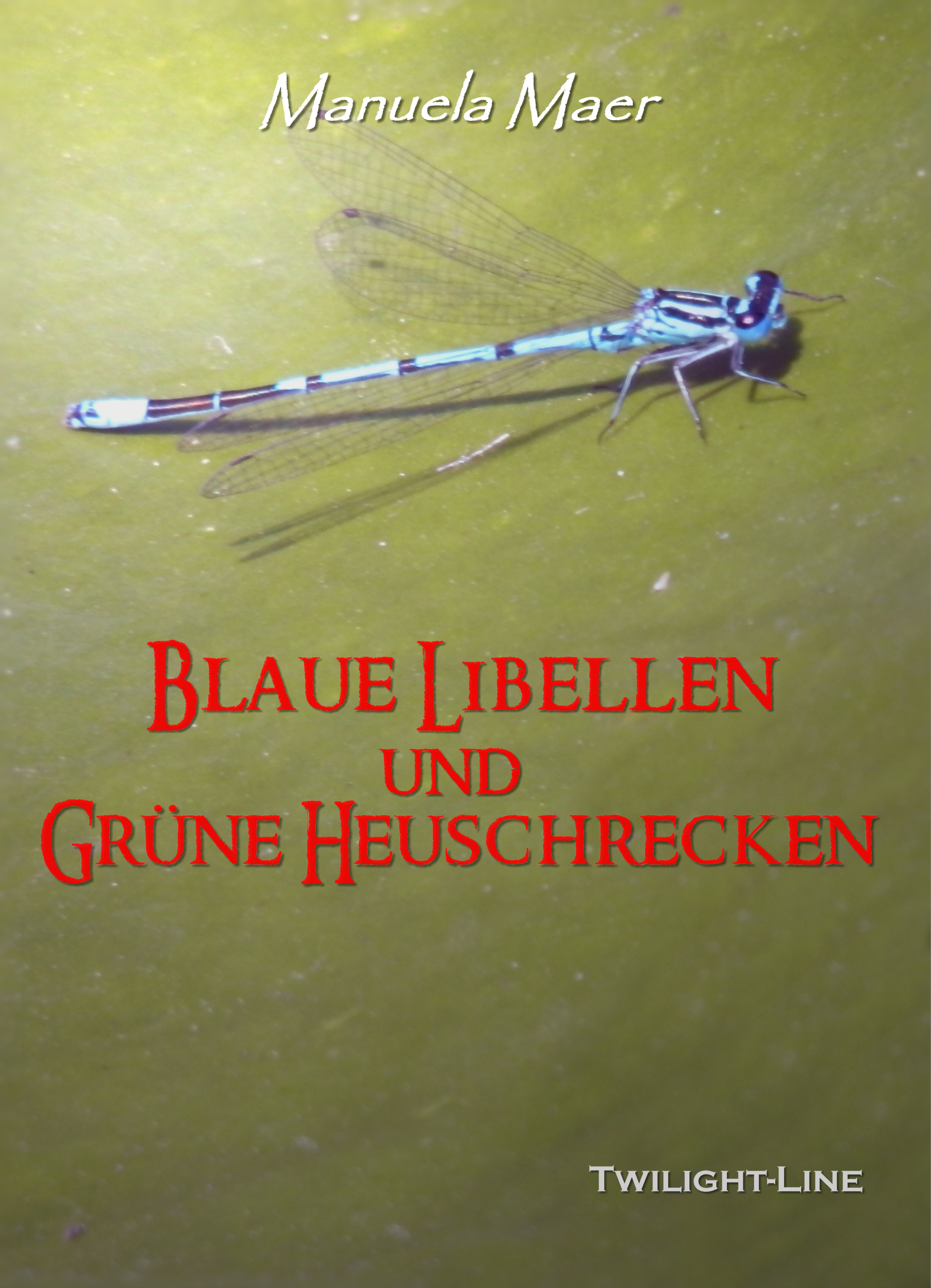 Blaue Libellen und grüne Heuschrecken