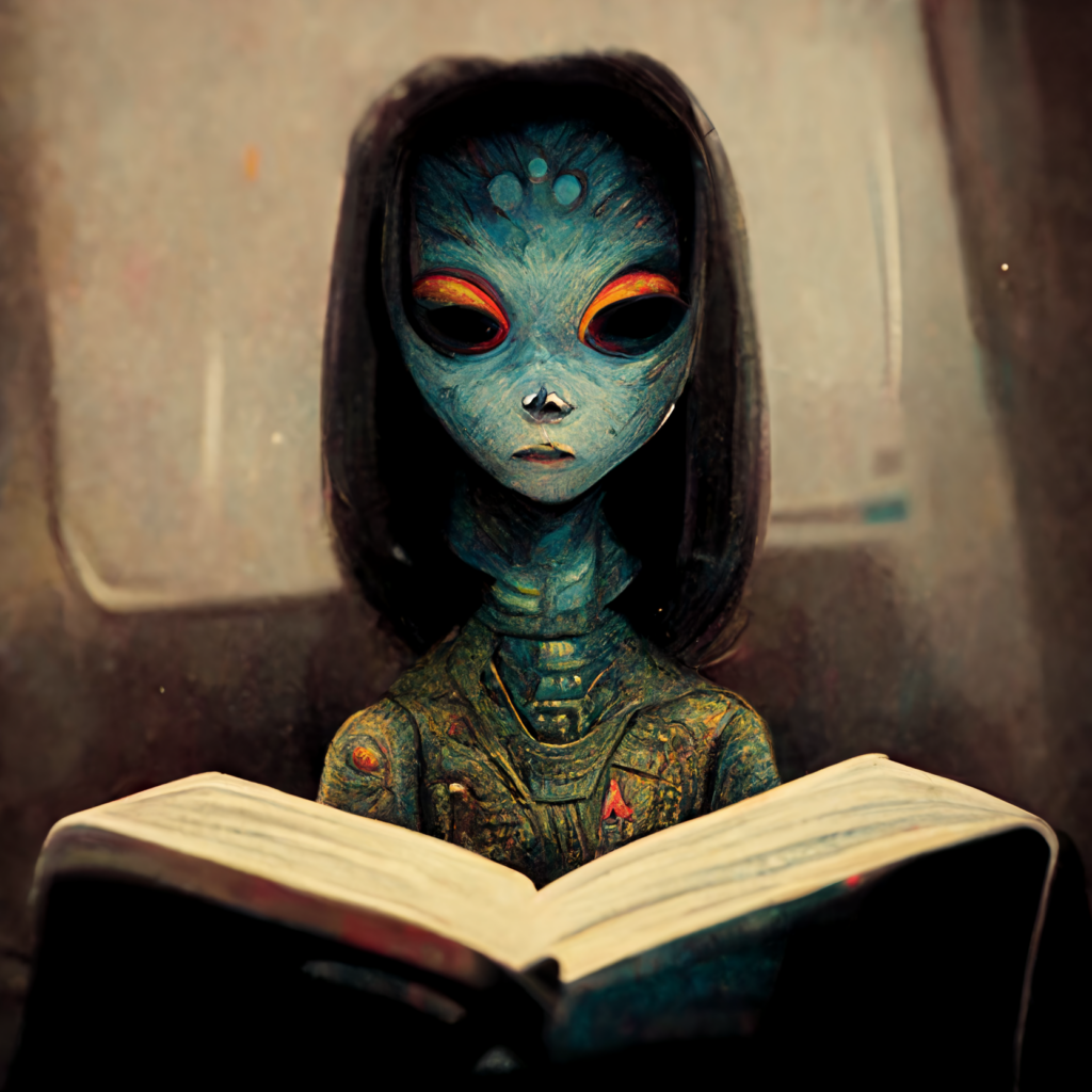 Alienfrau liest ein Buch